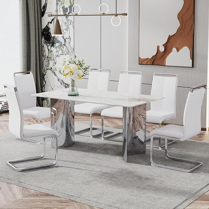 NicBex Modern Minimalist Dining Table White Imitation Marble Glass Sticker Desktop Stainless Steel Legs Stable and Beautiful Suitable for Living Room and Dining Room, White + Silver - LeafyLoom