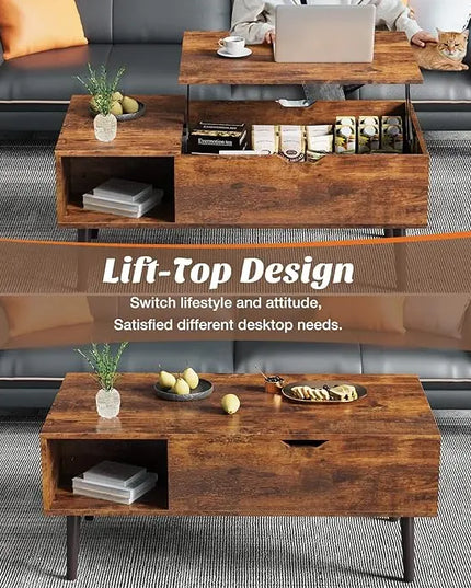 Sweetcrispy Coffee Table Brown, Lift Top Coffee Tables for Living Room, Small Rising Wooden Dining Center Tables with Storage Shelf and Hidden Compartment - LeafyLoom