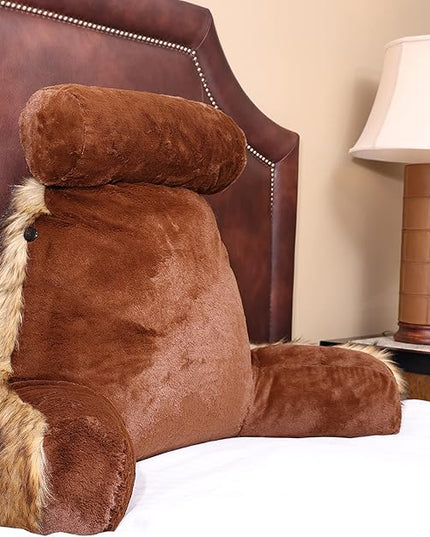 Husband Pillow XXL Limited Baby Brown Bear Fabulous Faux Fur Backrest, Two-Tone Reversible Double Sided Reading & Bed Rest Pillow with Arms & Neck Roll, Adjustable Memory Foam - Extremely Comfy - LeafyLoom
