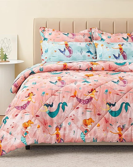 Twin Size Mermaid Kids Bedding Set for Girls, 5 Pieces Super Soft Lightweight Microfiber Comforter Set with Sheets, Bed in a Bag, Durable Children Bed Set - LeafyLoom