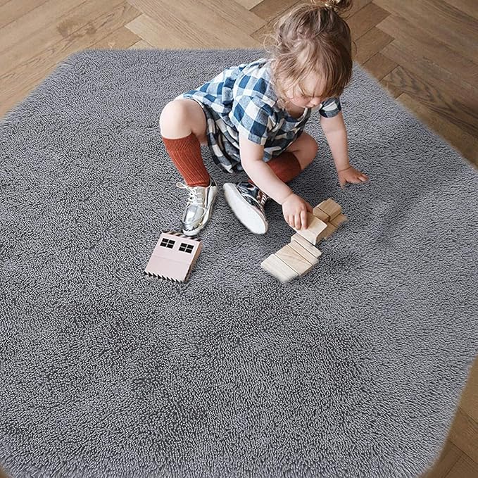 junovo Ultra Soft Rug for Nursery Children Room Baby Room Home Decor Dormitory Hexagon Carpet for Playhouse Princess Tent Kids Play Castle, Diameter 4.6 ft, Grey - LeafyLoom