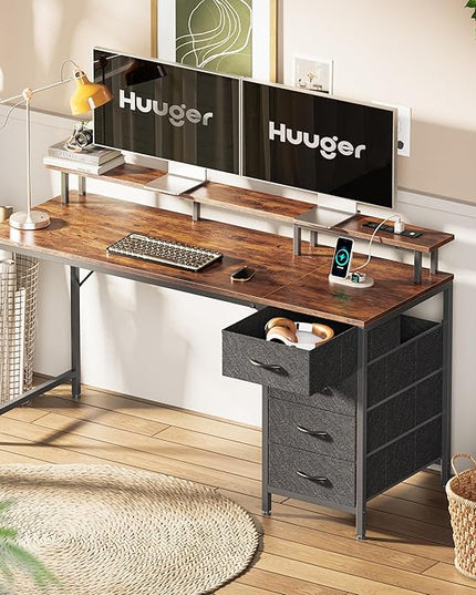 55 Inch Computer Desk with Power Outlets and LED Lights, Gaming Desk with 4 Drawers, Office Desk with Monitor Stand, Study Desk Work Desk for Home Office, Rustic Brown - LeafyLoom
