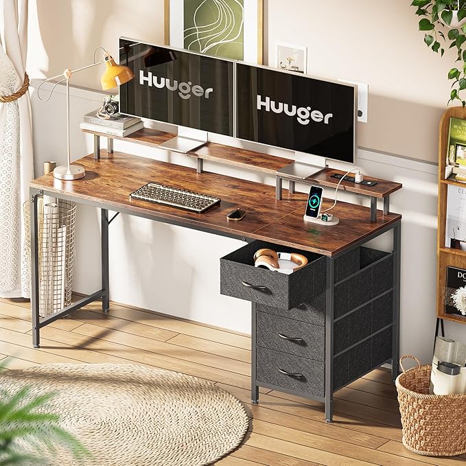 55 Inch Computer Desk with Power Outlets and LED Lights, Gaming Desk with 4 Drawers, Office Desk with Monitor Stand, Study Desk Work Desk for Home Office, Rustic Brown - LeafyLoom