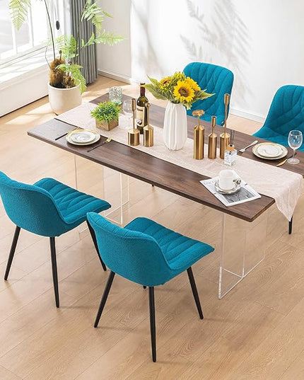 Velvet Dining Chairs Set of 2, Boucle Upholstered Dining Room Chairs with Curved Backrest for Kitchen Living Room Dining Room, Teal - LeafyLoom