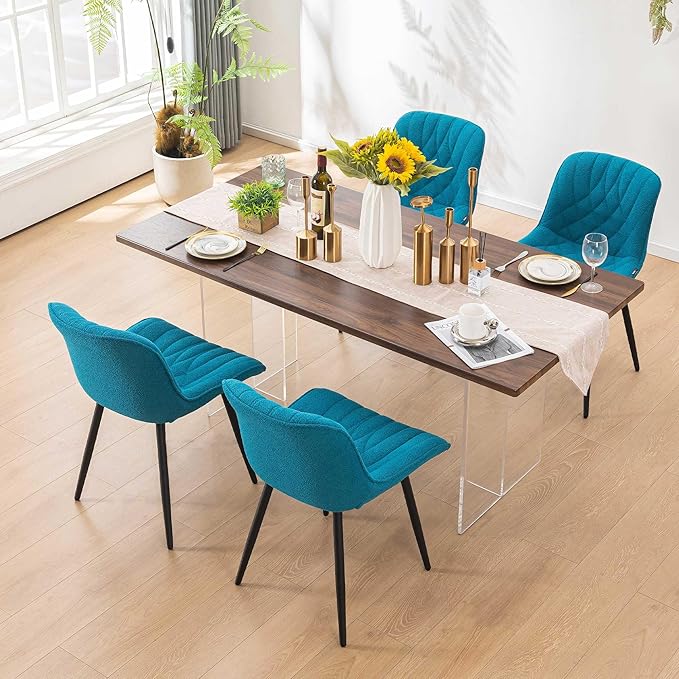 Velvet Dining Chairs Set of 2, Boucle Upholstered Dining Room Chairs with Curved Backrest for Kitchen Living Room Dining Room, Teal - LeafyLoom