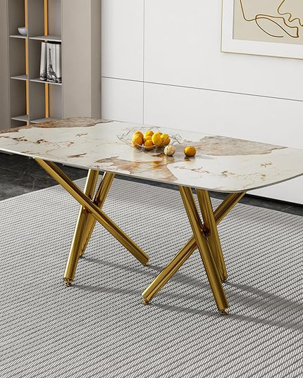 NicBex Modern Minimalist Rectangular Dining Table with A 0.39-Inch Imitation Marble Tabletop and Gold-Plated Metal Legs for Kitchen Dining Living Meeting Room Banquet Hall, White Marble + Gold - LeafyLoom
