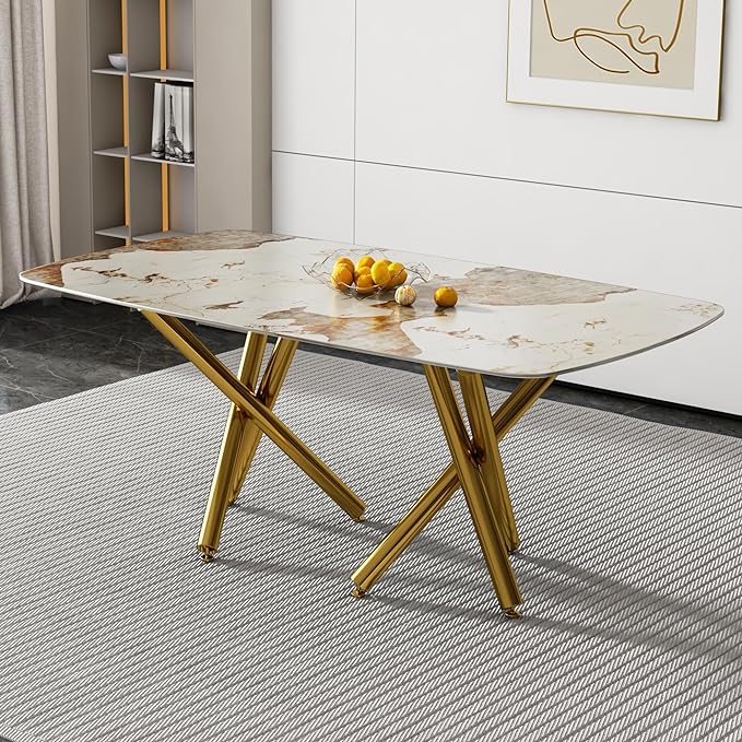 NicBex Modern Minimalist Rectangular Dining Table with A 0.39-Inch Imitation Marble Tabletop and Gold-Plated Metal Legs for Kitchen Dining Living Meeting Room Banquet Hall, White Marble + Gold - LeafyLoom