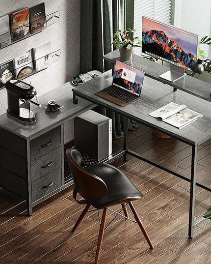 Reversible L Shaped Computer Desk with Drawers, Gaming Desk with LED Lights and Power Outlets, Office Desk with Storage Shelves, Corner Desk with Monitor Stand, for Home & Office, Gray - LeafyLoom