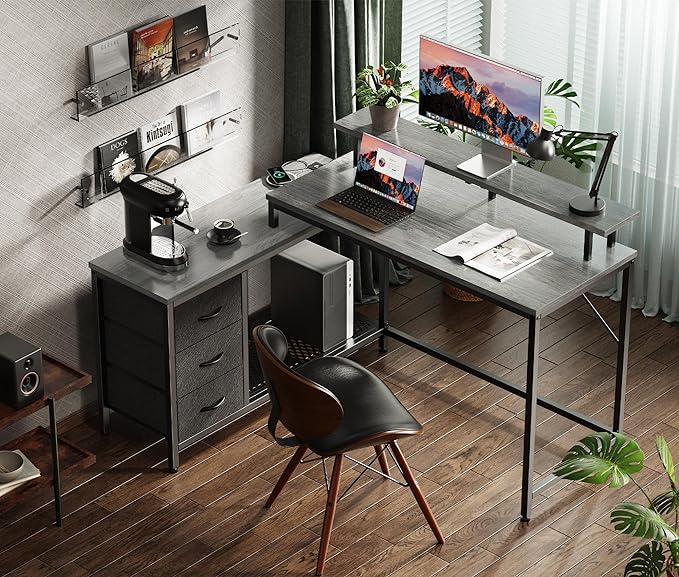Reversible L Shaped Computer Desk with Drawers, Gaming Desk with LED Lights and Power Outlets, Office Desk with Storage Shelves, Corner Desk with Monitor Stand, for Home & Office, Gray - LeafyLoom