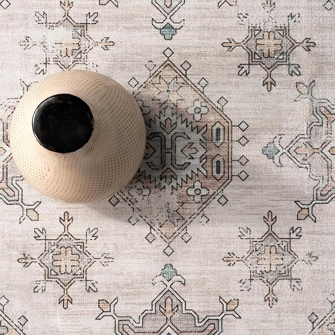 nuLOOM Finley Machine Washable Vintage Distressed Ultra Thin Area Rug, 5' x 8', Ivory - LeafyLoom