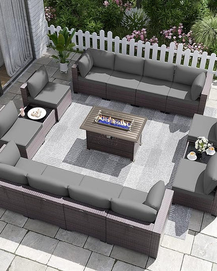 15PCS Patio Furniture Set with Fire Pit Table Outdoor Sectional Furniture Outdoor Sofa Rattan Patio Conversation Sets with 43in 55,000 BTU Propane Gas Fire Pit Table Glass Table, Grey - LeafyLoom