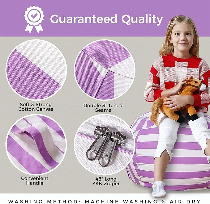 Aubliss Stuffed Animal Bean Bag Storage Chair (Purple/White Striped, Medium (32'')) - LeafyLoom