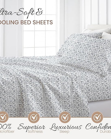 4 Piece California King Bedding Sheet Set (Navy Vines) - Sleep Better Than Ever with These Ultra-Soft & Cooling Bed Sheets for Your Cal King Size Bed - Deep Pocket Fits 16" Mattress - LeafyLoom