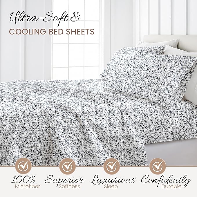 4 Piece California King Bedding Sheet Set (Navy Vines) - Sleep Better Than Ever with These Ultra-Soft & Cooling Bed Sheets for Your Cal King Size Bed - Deep Pocket Fits 16" Mattress - LeafyLoom