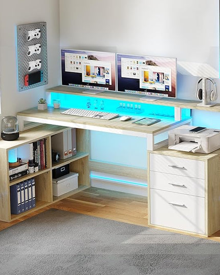 YITAHOME L Shaped Desk with 3 Drawers, 65" Corner Computer Desk with Power Outlets & LED Lights, L-Shaped Desk with File Cabinet & Printer Stand for Home Office, White & Oak - LeafyLoom