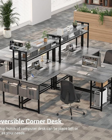 Aheaplus L Shaped Desk with Power Outlet & LED Strip, Reversible L-Shaped Corner Computer Desks Gaming Desk with Storage Shelf & Monitor Stand, Modern 2 Person Home Office Desk Writing Desk, White Oak - LeafyLoom
