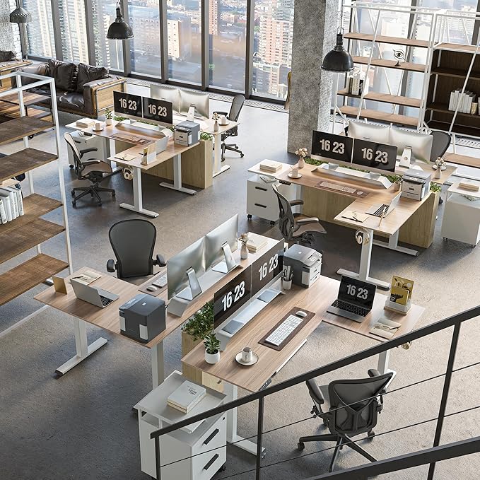FEZIBO Triple Motor L-Shaped Electric Standing Desk, Height Adjustable Stand up Corner Desk, 63 Inches Sit Stand Workstation with Splice Board, White Frame/Light Walnut Top - LeafyLoom