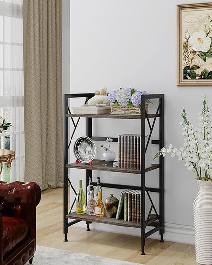 Folding Bookshelf 3 Tier No Assembly Bookcase Industrial Storage Shelves Plant Flower Stand Storage Rack for Home Office Oak - LeafyLoom