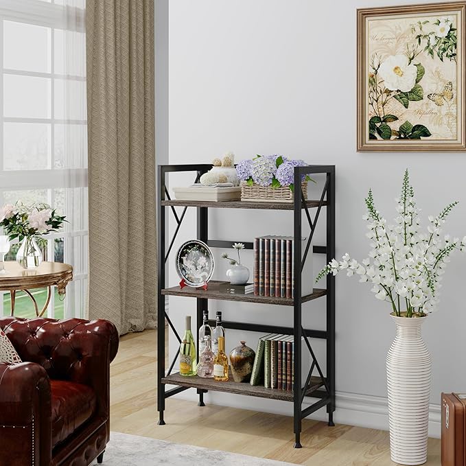 Folding Bookshelf 3 Tier No Assembly Bookcase Industrial Storage Shelves Plant Flower Stand Storage Rack for Home Office Oak - LeafyLoom