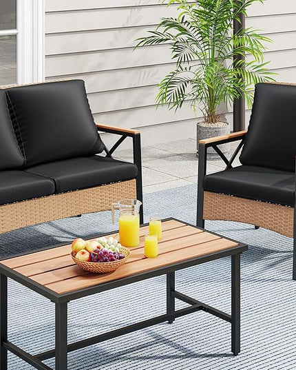 YITAHOME 4-Piece Patio Wicker Furniture Set with Wood Armrest, All Weather Rattan Conversation Furniture Sets for Backyard, Balcony, Deck w/Soft Cushions and Plastic Wood Table (Light Brown+Black) - LeafyLoom