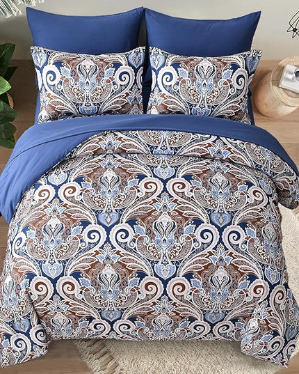 Yiran Blue Paisley Comforter Set Queen 7 Pieces Bed in a Bag Boho Comforter Lightweight Microfiber Reversible Bedding Set (1 Comforter, 1 Flat Sheet, 1 Fitted Sheet, 2 Pillowcases, 2 Pillow Shams) - LeafyLoom