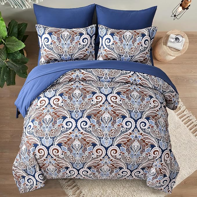 Yiran Blue Paisley Comforter Set Queen 7 Pieces Bed in a Bag Boho Comforter Lightweight Microfiber Reversible Bedding Set (1 Comforter, 1 Flat Sheet, 1 Fitted Sheet, 2 Pillowcases, 2 Pillow Shams) - LeafyLoom