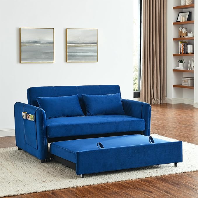 Modern Convertible Loveseat Sofa Bed, Compact Functional Love Seat,Comfy Velvet Sleeper Sofabed 3 in1 Recliner Sofa&Couch with Removable Side Pockets for Small Space Living Room/Guest Room - LeafyLoom