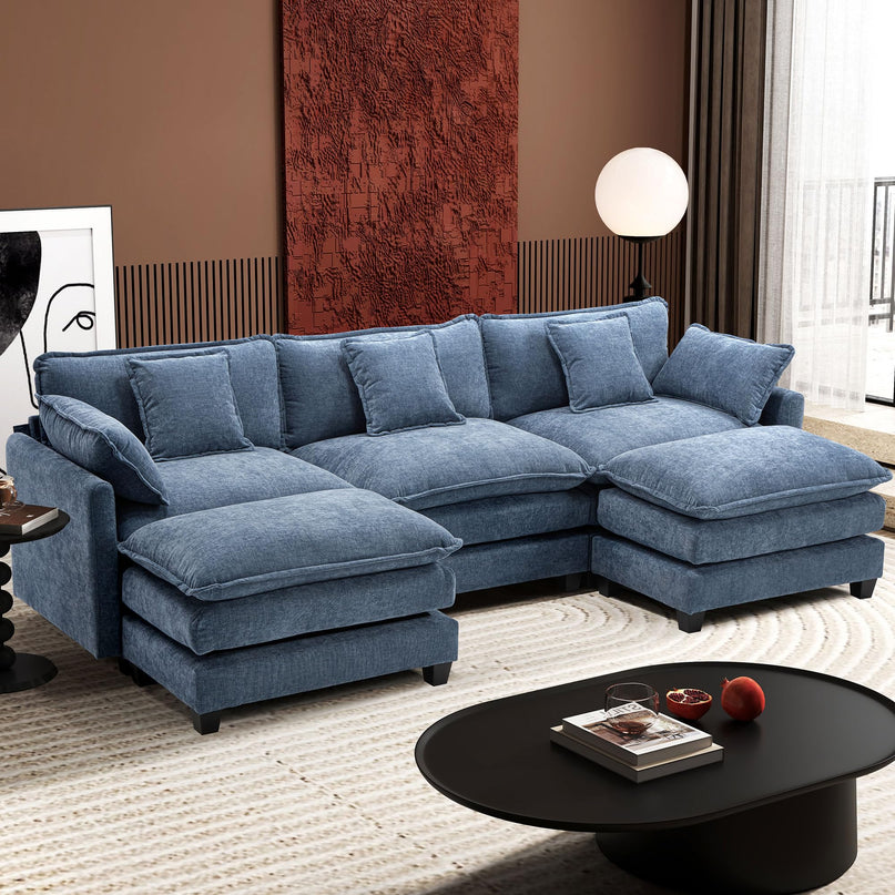 Ihanherry 111.4" L Shaped Modern Sofa Modular Sectional Cloud Couch with Ottoman, 4-Seat Chenille Deep Seat Sofa with Pillow for Living Room, Bedroom and Apartment, Beige LeafyLoom