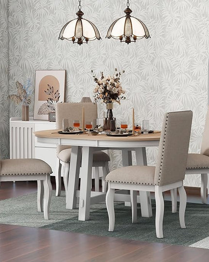RITSU 5-Piece Farmhouse Round Retractable Table Set with 4 Upholstered Dining Chairs, Copper Ingot Trim, MDF and Rubber Wood for Living Room, Apartment, Antique White, 58inch - LeafyLoom