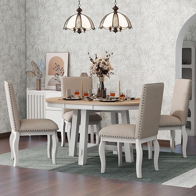 RITSU 5-Piece Farmhouse Round Retractable Table Set with 4 Upholstered Dining Chairs, Copper Ingot Trim, MDF and Rubber Wood for Living Room, Apartment, Antique White, 58inch - LeafyLoom
