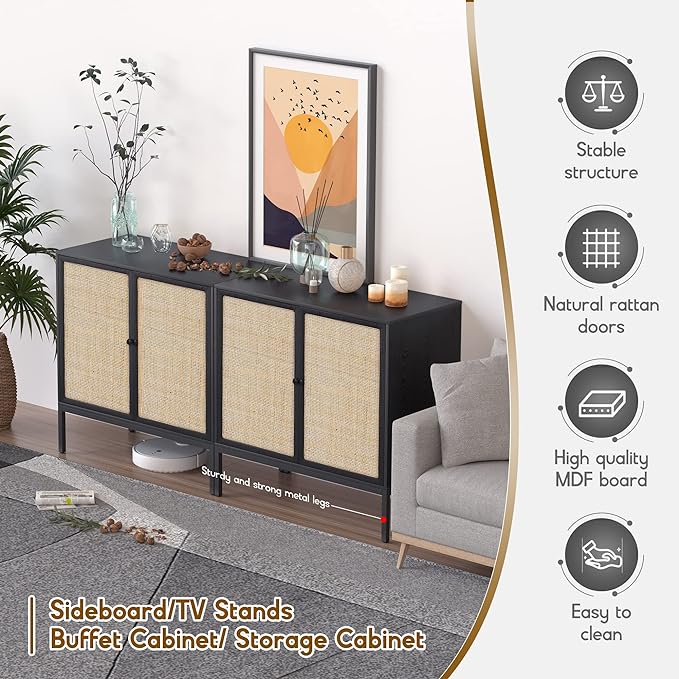 XIAO WEI Sideboard Cabinet with Handmade Natural Rattan Woven Doors, Rattan Cabinet Console Table Storage Credenza Buffet, for Kitchen, Living Room, Hallway, Entryway-2 Pieces(Black) - LeafyLoom