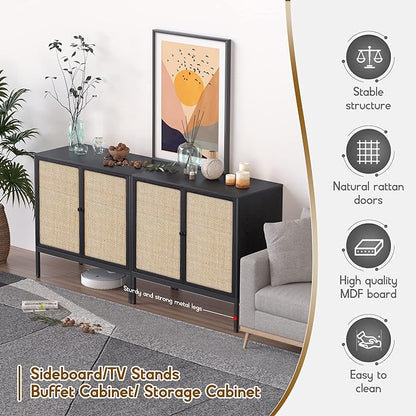 XIAO WEI Sideboard Cabinet with Handmade Natural Rattan Woven Doors, Rattan Cabinet Console Table Storage Credenza Buffet, for Kitchen, Living Room, Hallway, Entryway-2 Pieces(Black) - LeafyLoom