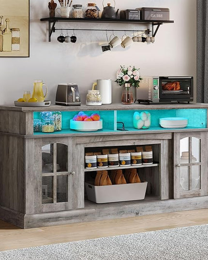 YITAHOME Sideboard Buffet Cabinet, 58'' Large Coffee Bar Cabinet with LED Light & Power Outlet, Farmhouse Storage Cabinets with Adjustable Shelves and Glass Doors for Kitchen, Living Room, Rustic Grey - LeafyLoom