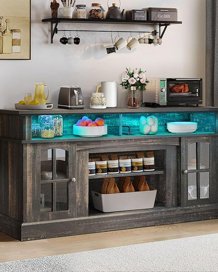 YITAHOME Coffee Bar Cabinet, 58 Inch Farmhouse Buffet Cabinet with Power Outlets and LED Lights, Sideboard Storage Cabinets w/Adjustable Shelves & Glass Doors for Kitchen, Living Room, Dark Rustic Oak - LeafyLoom