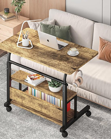 Portable Desk with Storage Shelves, Height Adjustable Desk with Wheels, Small Rolling Desk with Hooks, Standing Desk on Wheels for Home Office, Mobile Computer Table for Small Space - LeafyLoom