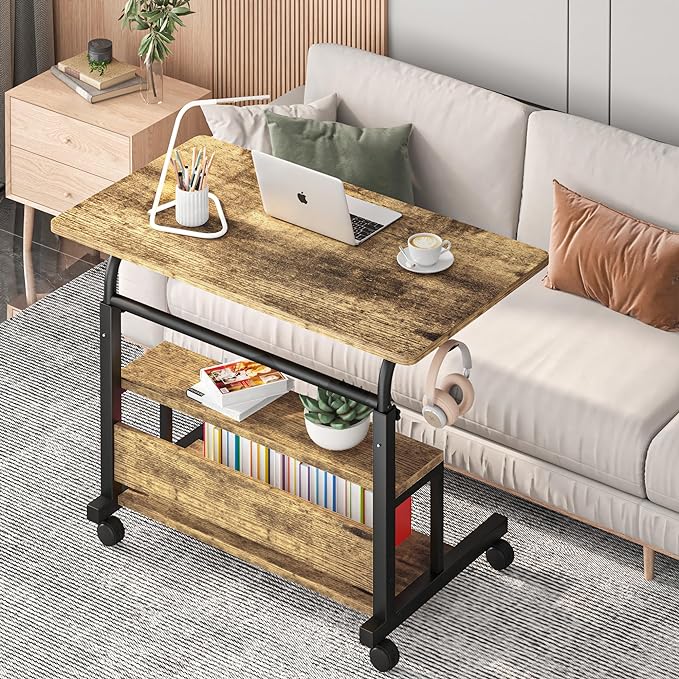 Portable Desk with Storage Shelves, Height Adjustable Desk with Wheels, Small Rolling Desk with Hooks, Standing Desk on Wheels for Home Office, Mobile Computer Table for Small Space - LeafyLoom