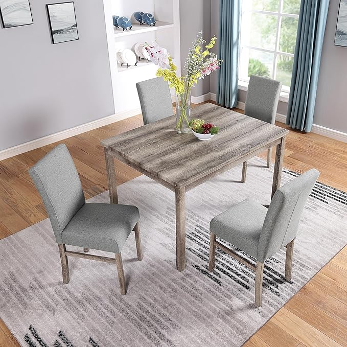 RITSU Modern 5 Pcs Set, Including Solid Wood Rectangle Table, 4 Upholstered Dining Chairs and Bench, for Kitchen, Living Room, Small Apartment, Antique Yellow+Gray - LeafyLoom