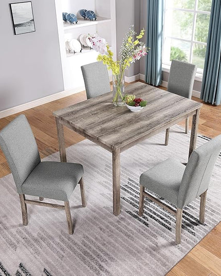 Modern 5 Pcs Set, Including Solid Wood Rectangle Table, 4 Upholstered Dining Chairs and Bench, for Kitchen, Living Room, Small Apartment, Antique Yellow+Gray - LeafyLoom