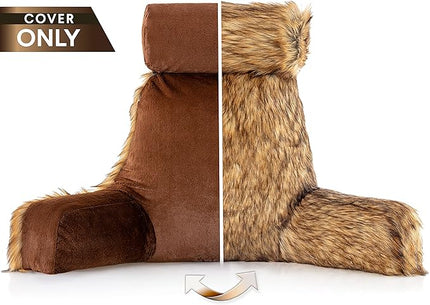 Husband Pillow XXL Cover Only - Limited Baby Brown Bear Backrest Pillowcase Set, 2-Tone Reversible Double Sided Fabulous Faux Fur Reading & Bed Rest, Thick Zippers, 2 Sided Solid Fabric Neck Rolls - LeafyLoom