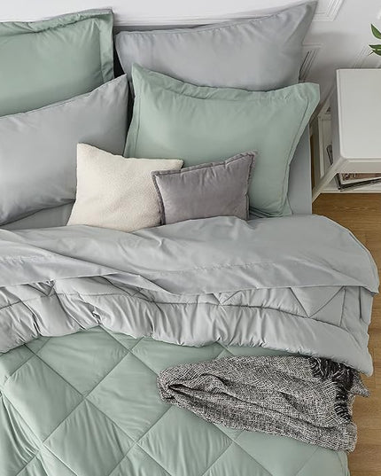 Bedsure Sage Green Twin XL Comforter Sets - 5 Pieces Reversible Twin XL Bedding Sets, Bed Sets Comforters, Sheets, Pillowcase & Sham, Grey XL Twin Bed in a Bag for College - LeafyLoom