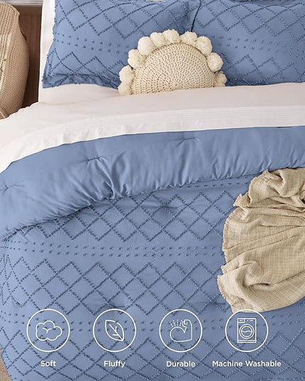 Bedsure Queen Comforter Set - Mineral Blue Comforter, Boho Tufted Shabby Chic Bedding Comforter Set, 3 Pieces Vintage Farmhouse Bed Set for All Seasons, Fluffy Soft Bedding Set with 2 Pillow Shams - LeafyLoom