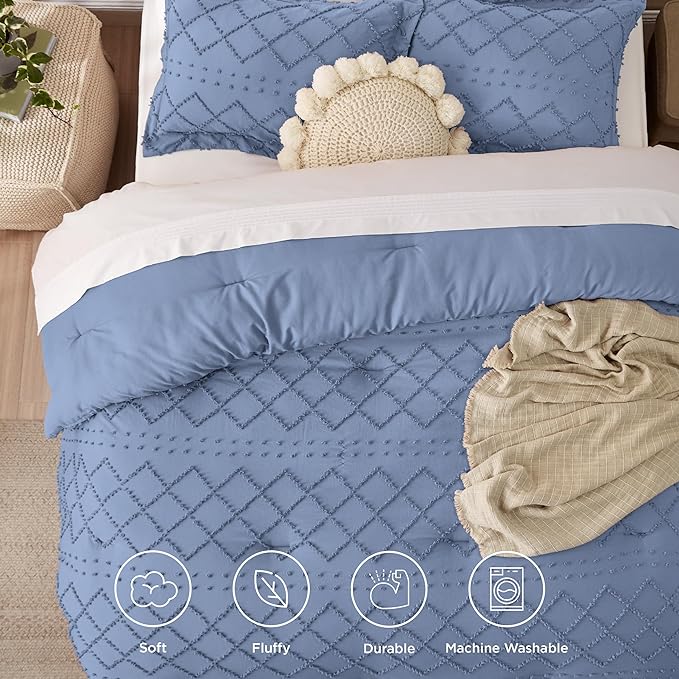 Bedsure Queen Comforter Set - Mineral Blue Comforter, Boho Tufted Shabby Chic Bedding Comforter Set, 3 Pieces Vintage Farmhouse Bed Set for All Seasons, Fluffy Soft Bedding Set with 2 Pillow Shams - LeafyLoom