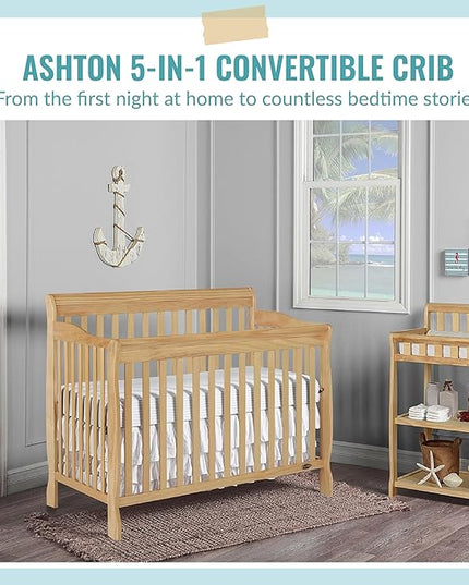 Ashton 4-In-1 Convertible Crib In Natural, Greenguard Gold, JPMA Certified, Non-Toxic Finishes, Features 4 Mattress Height Settings, Made Of Solid Pinewood - LeafyLoom