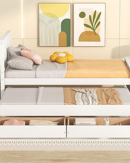 Merax Classic Solid Wooden Bed Farme with Trundle Bed and Drawers Storage Sofa Bed for Living Room Bedroom Guest Room Space Saving,White - LeafyLoom