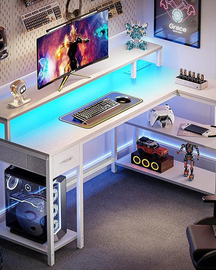 SUPERJARE 53 inch Reversible L Shaped Desk with LED Lights & Power Outlets, Computer Desk with Shelves & Monitor Stand, Gaming Desk with Drawer, Home Office Desk Corner Desk, PU White Drawer - LeafyLoom