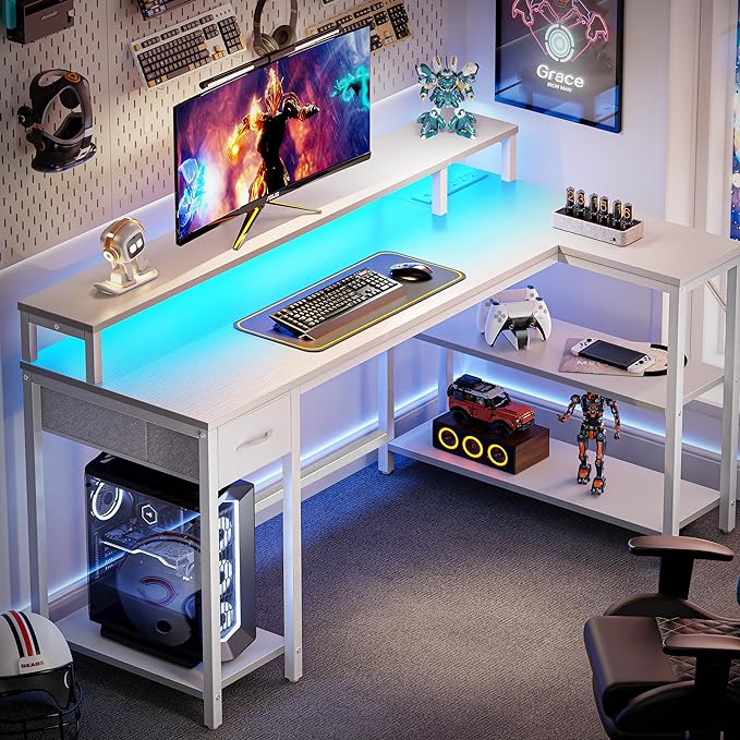 SUPERJARE 53 inch Reversible L Shaped Desk with LED Lights & Power Outlets, Computer Desk with Shelves & Monitor Stand, Gaming Desk with Drawer, Home Office Desk Corner Desk, PU White Drawer - LeafyLoom