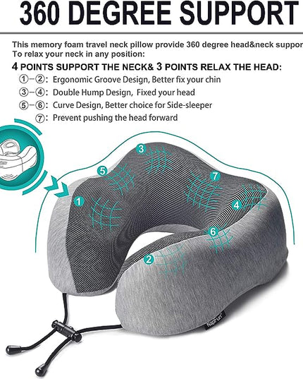 napfun Neck Pillow for Traveling, Upgraded Travel Neck Pillow for Airplane 100% Pure Memory Foam Travel Pillow for Flight Headrest Sleep, Portable Plane Accessories, Light Grey - LeafyLoom