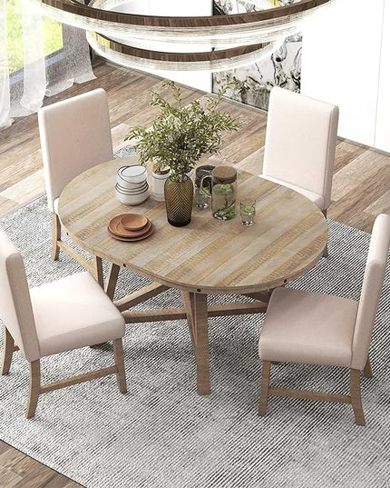 5-Piece Retro Wooden Round Extendable Dining Table Set with 4 Upholstered Chairs for Dinette Room and Kitchen (42", Natural Wood Wash), 42"-58" L x 42" W x 30" H - LeafyLoom