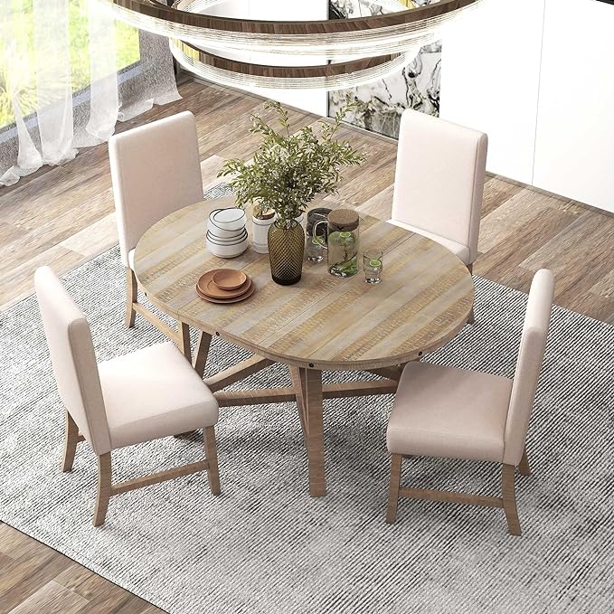 5-Piece Retro Wooden Round Extendable Dining Table Set with 4 Upholstered Chairs for Dinette Room and Kitchen (42", Natural Wood Wash), 42"-58" L x 42" W x 30" H - LeafyLoom
