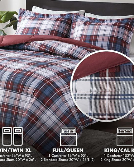 Madison Park Essentials Parkston Plaid Comforter, Matching Sham, 3M Scotchguard Stain Release Cover, Hypoallergenic All Season Bedding-Set, Full/Queen, Red, 3 Piece - LeafyLoom